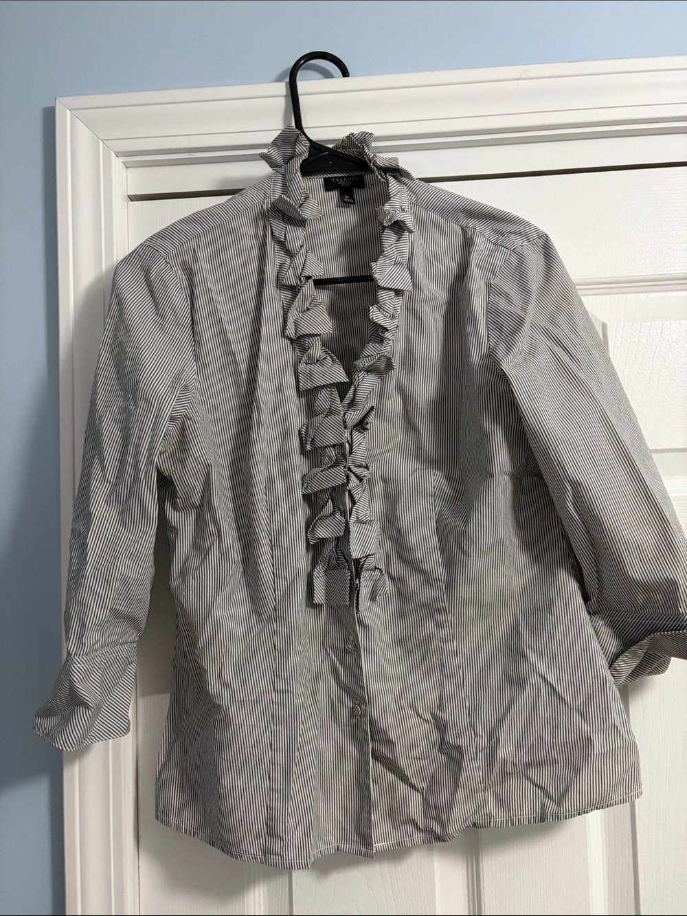 Talbots Black and White Striped Ruffle Front Dress Shirt